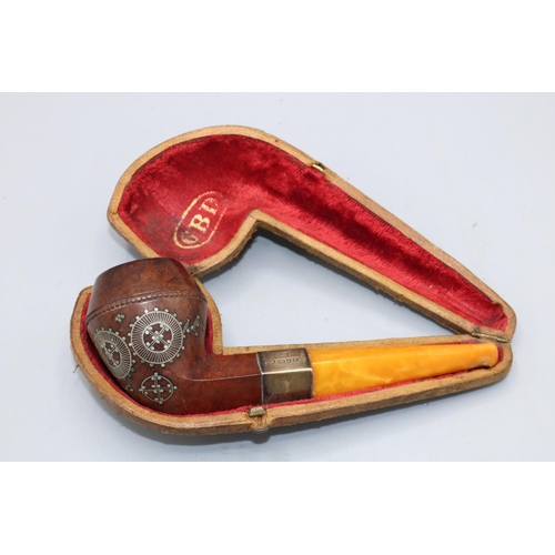 224 - GBD Victorian silver mounted smoker's pipe, London 1898, inlaid decoration to bowl, in fitted hinged... 