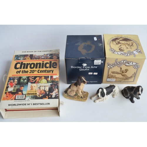 365 - Three Spaniel sculptures from Border Fine Arts (with 2 boxes) and a hardback copy of Chronicle of Th... 