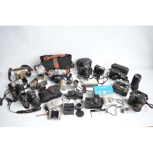 376 - Collection of 35mm film and early digital cameras to include Vivitar V3000s and Praktica SLR's with ... 