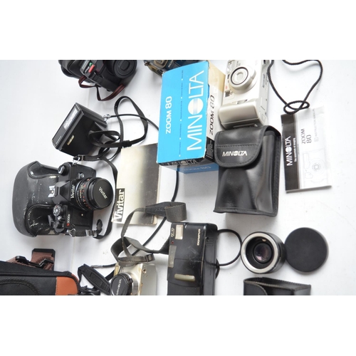 376 - Collection of 35mm film and early digital cameras to include Vivitar V3000s and Praktica SLR's with ... 