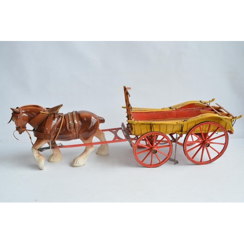 569 - Large ceramic shire horse and wooden cart model, no makers marks (overall length approx 89cm) and 2 ... 