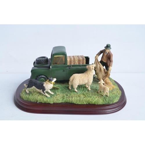 569 - Large ceramic shire horse and wooden cart model, no makers marks (overall length approx 89cm) and 2 ... 