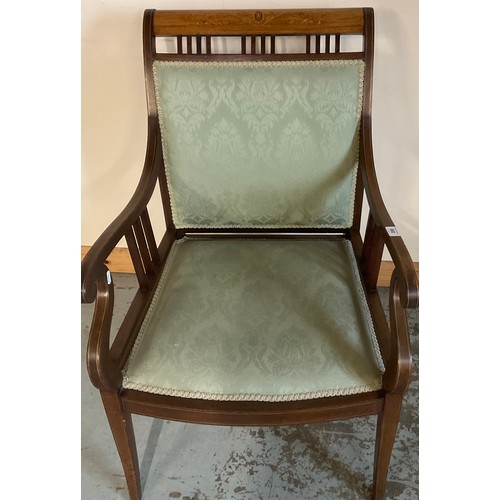 692 - Edwardian mahogany salon chair with top rail inlaid with satinwood scrolls, upholstered seat and bac... 