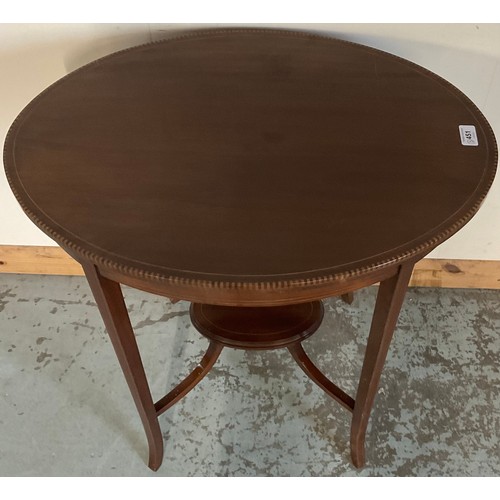 451 - Edwardian inlaid mahogany oval occasional table, a mahogany dining chair and a carved stool (3)