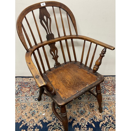 442 - 19th century ash and elm Windsor chair, on turned supports with crinoline stretcher, a/f