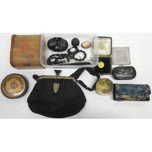 137 - Collection of Whitby jet jewellery incl brooches and necklace, Victorian style black evening bag, fo... 