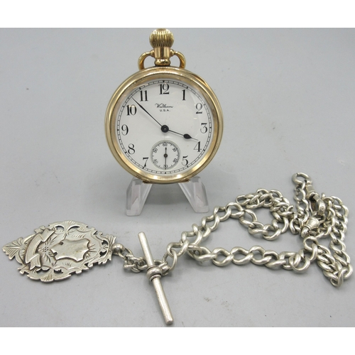 500 - Waltham Traveller 10ct rolled gold keyless pocket watch, signed white enamel Arabic dial, subsidiary... 