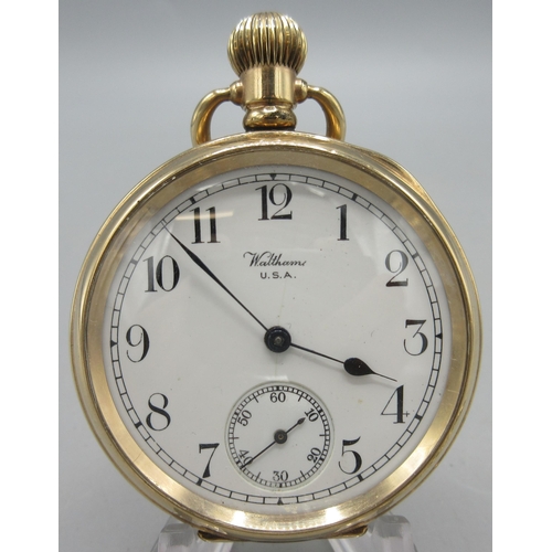 500 - Waltham Traveller 10ct rolled gold keyless pocket watch, signed white enamel Arabic dial, subsidiary... 