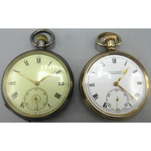 502 - Kay & Co. Ltd., Worcester rolled gold keyless pocket, signed white enamel Roman dial, subsidiary sec... 