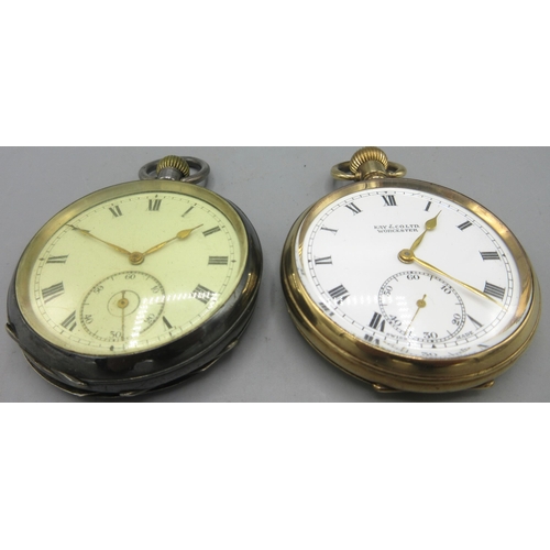 502 - Kay & Co. Ltd., Worcester rolled gold keyless pocket, signed white enamel Roman dial, subsidiary sec... 