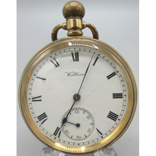 505 - Royal rolled gold hunter keyless pocket watch, signed white enamel Roman dial, subsidiary seconds, D... 