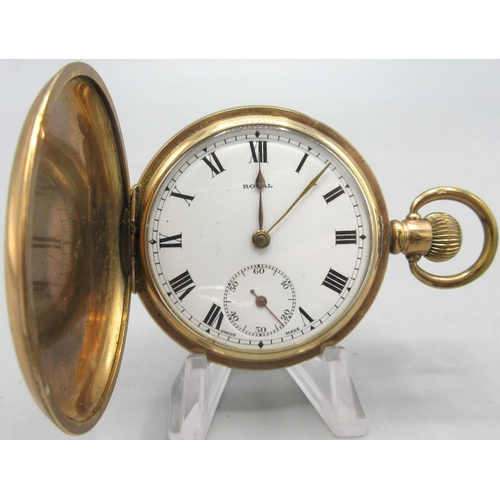 505 - Royal rolled gold hunter keyless pocket watch, signed white enamel Roman dial, subsidiary seconds, D... 