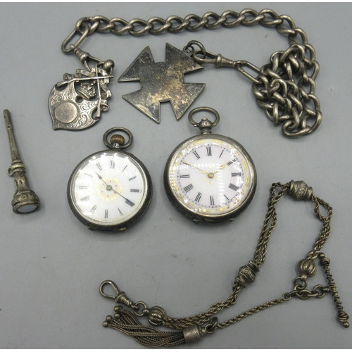 507 - Swiss silver key wound and set fob watch, two tone enamel Roman dial with gilt highlights, engraved ... 