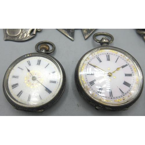 507 - Swiss silver key wound and set fob watch, two tone enamel Roman dial with gilt highlights, engraved ... 