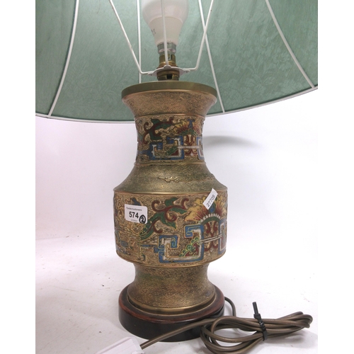 574 - 20th Century Japanese brass and enamel table lamp, H70cm and 20th Century camel stool with leather s... 