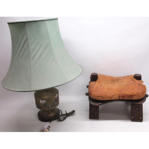 574 - 20th Century Japanese brass and enamel table lamp, H70cm and 20th Century camel stool with leather s... 