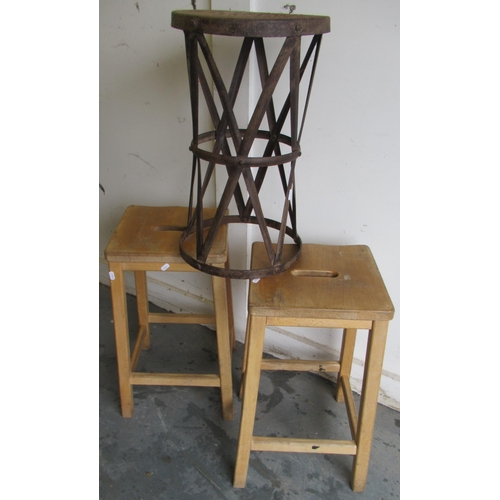 462 - Pair of mid 20th century beech lab stools and a metal stool, max H61cm (3)