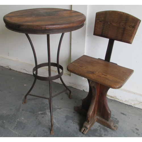 464 - Victorian ecclesiastical style pine school chair and a circular wrought metal table with circular wo... 