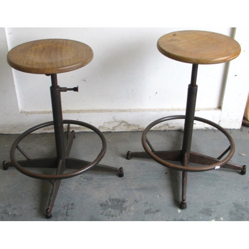 799 - Pair of machinist stools, hardwood seats adjustable for height, H60cm