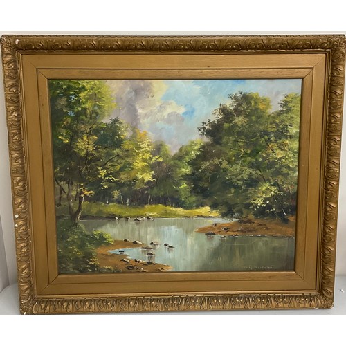 418 - Lewis Creighton (British 1918-1996); Wooded river landscape, oil on board, signed, 45cm x 55cm