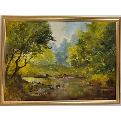 417 - Lewis Creighton (British 1918-1996); Wooded river landscape, oil on board, signed, 50cm x 70cm