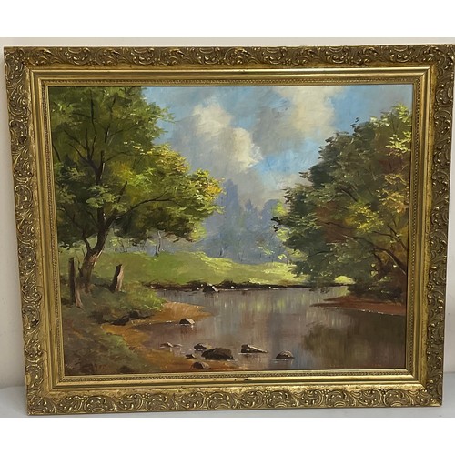 416 - Lewis Creighton (British 1918-1996); Wooded river landscape, oil on board, signed, 49cm x 59cm