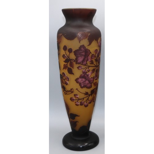 186 - Galle style cameo glass vase, yellow ground with floral design on pedestal foot, H38cm