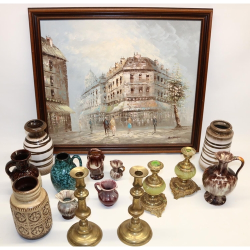 383 - Parisian Street Scene, oil on canvas, signed Burnett, 49.5cm x 60cm; collection of West German pots;... 