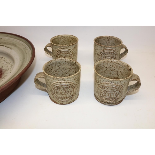 756 - Mick Arnup (British 1923-2008); large studio pottery bowl, D45cm, and four studio pottery mugs inscr... 