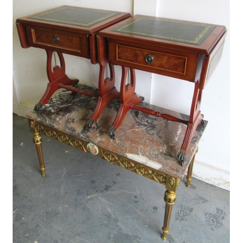 467 - Mid 20th century french style guilt coffee table with marble top, W92cm and a pair of 20th century s... 