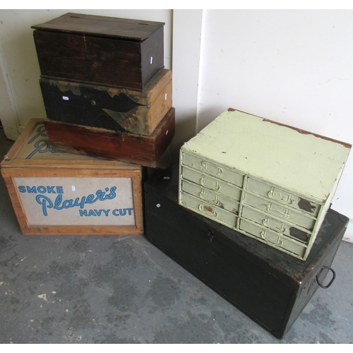 468 - Players Navy Cut cigarette crate, cabin trunk, filing drawers and three boxes