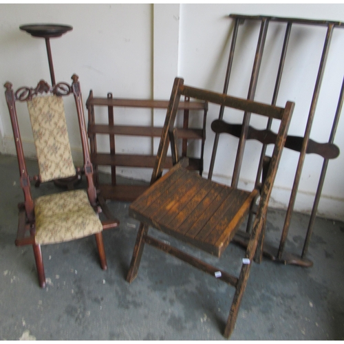 481 - Victorian mahogany folding chair, early 20th century oak wall rack, torchere, and another wall rack ... 