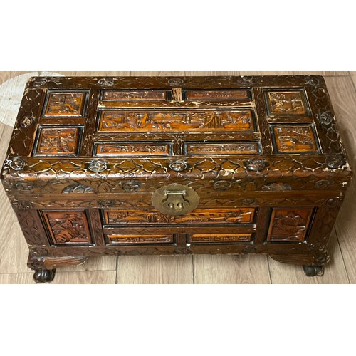 205 - 20th Century Chinese carved hardwood blanket box on carved feet, W70cm H38.5cm