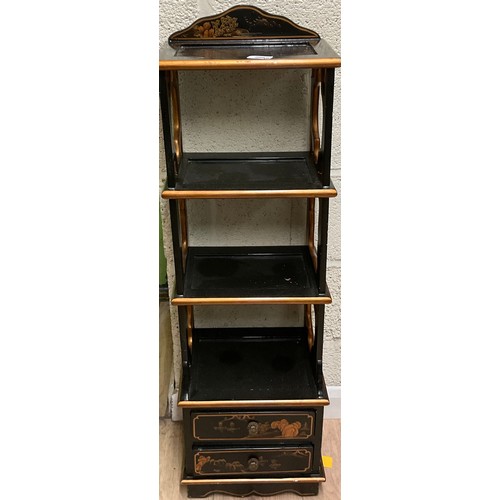 206 - 20th Century Chinese black lacquered four tier whatnot, two frieze drawers, H99cm and composite floo... 