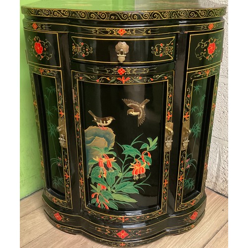 207 - 20th Century Chinese black lacquered demi lune side cabinet, painted with exotic birds and flowers, ... 