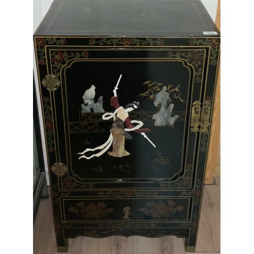 209 - Late 20th century Chinese lacquered side cabinet, single drawer and cupboard, painted and applied de... 