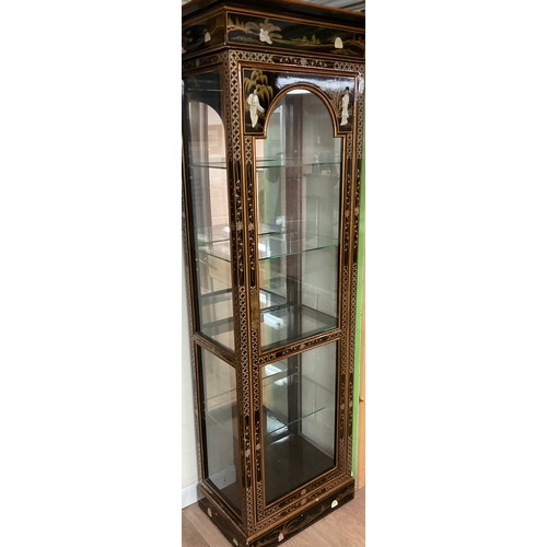 211 - Late 20th century Chinese lacquered illuminated display cabinet, four glass shelves, painted and app... 