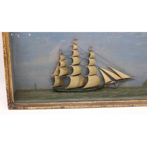  Large 19th century folk art diorama of a clipper ship in full sail, background painted with lighthou... 