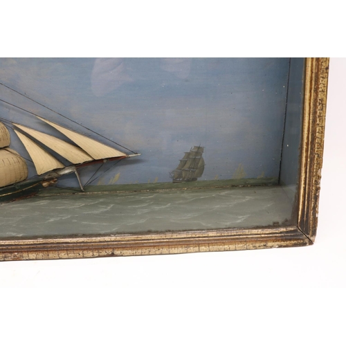  Large 19th century folk art diorama of a clipper ship in full sail, background painted with lighthou... 