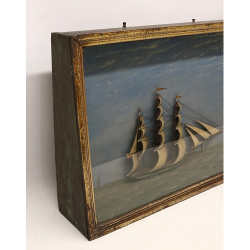  Large 19th century folk art diorama of a clipper ship in full sail, background painted with lighthou... 