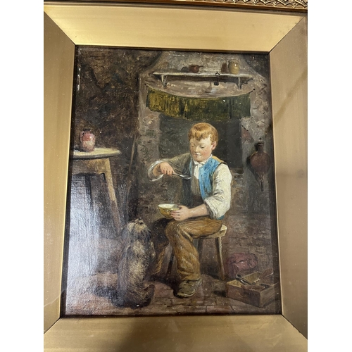 69 - French school (19th century); oil on canvas painting of a boy with begging dog in cottage interior, ... 