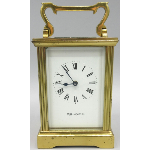 606 - Mappin & Webb Ltd., 20th Century brass carriage clock timepiece, signed white enamel Roman dial, sin... 