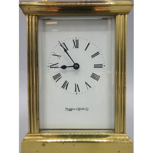 606 - Mappin & Webb Ltd., 20th Century brass carriage clock timepiece, signed white enamel Roman dial, sin... 