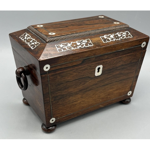 325 - 19th century rosewood mother of pearl inlaid sarcophagus shaped tea caddy, on compressed bun feet, W... 