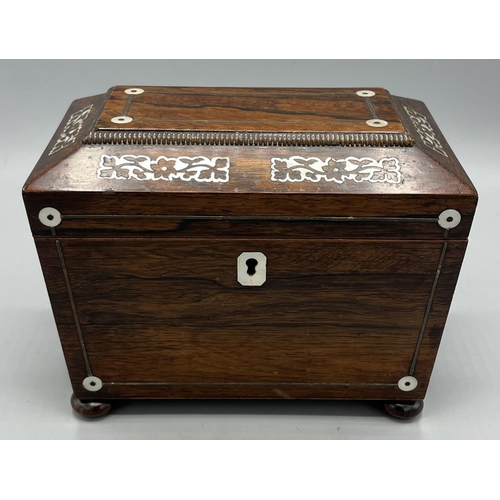 325 - 19th century rosewood mother of pearl inlaid sarcophagus shaped tea caddy, on compressed bun feet, W... 