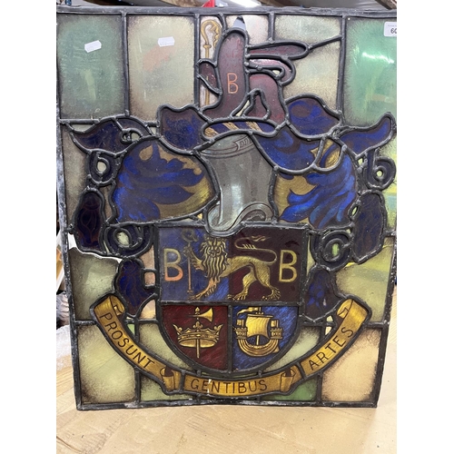 601 - 19th Century armorial leaded glass panel bearing Latin text, W57cm H79cm