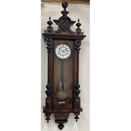 621 - Early 20th Century walnut Vienna wall clock, carved shaped pediment over arched full length door fla... 