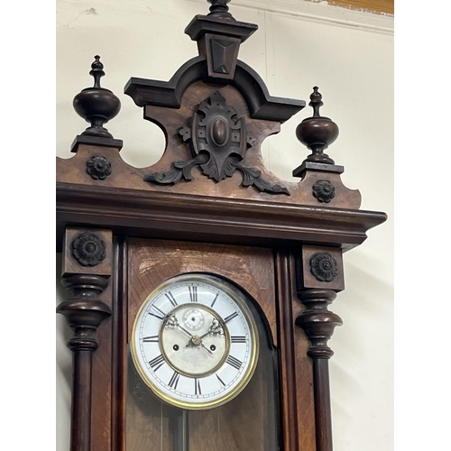 621 - Early 20th Century walnut Vienna wall clock, carved shaped pediment over arched full length door fla... 