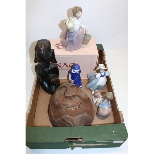 658 - Lladro figure, two Nao figures, B&G figure, African carved wood figure, and a carved coconut (6)