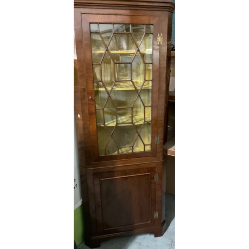 455 - George 1V mahogany standing corner cabinet with glazed upper and panel lower doors, W87cm D50cm H215... 